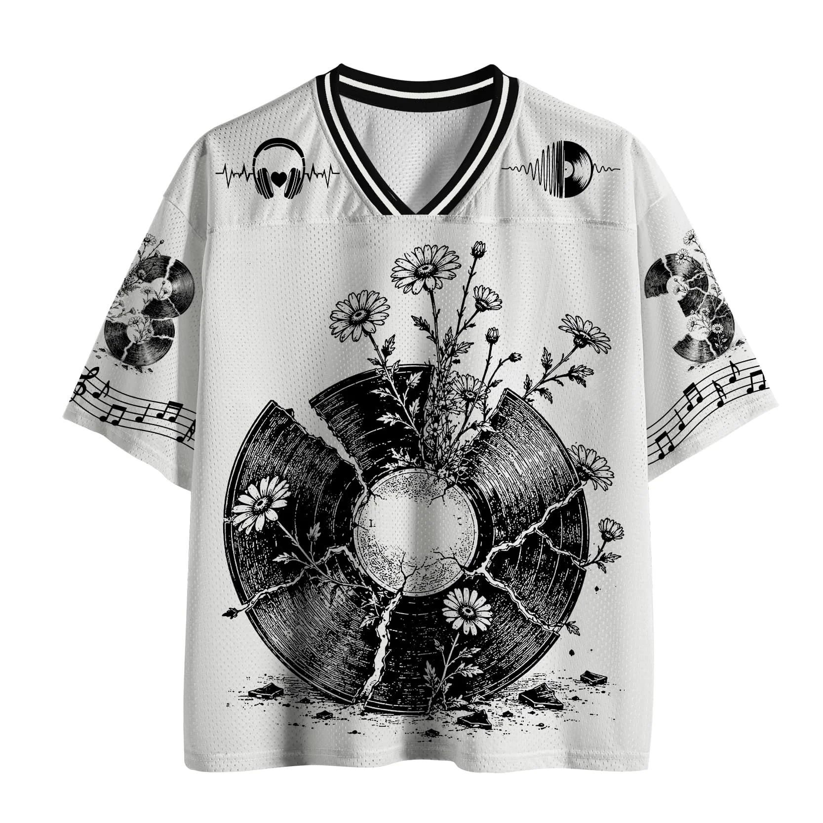 2026 Popular V-neck Mesh T-shirt with Fun Printed Short Sleeved T-shirt, Retro Streetwear, Loose Oversized Sports Mesh T-shirt