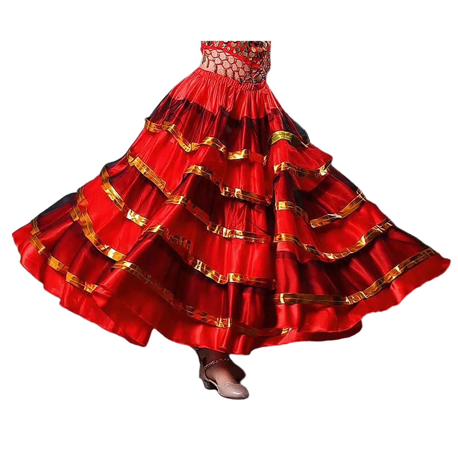 Kids Girls Spanish Flamenco Ballroom Dance Performance Costume Metallic Gold Trim Tiered Ruffles 180 Degrees Wide Hemline Skirt