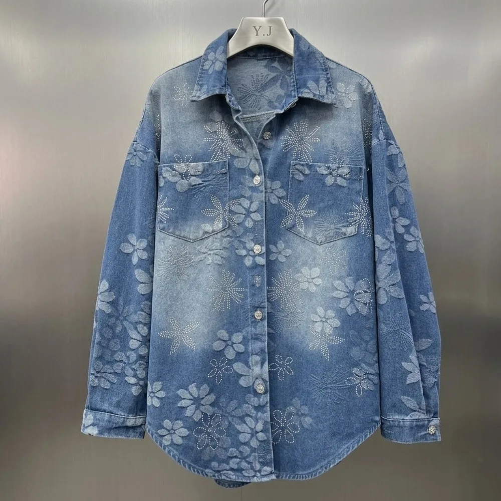 

SuperAen 2026 Spring New Korean Style Diamonds Flower Plaid Long-Sleeved Denim Shirt Coat Women's Loose Casual Tops