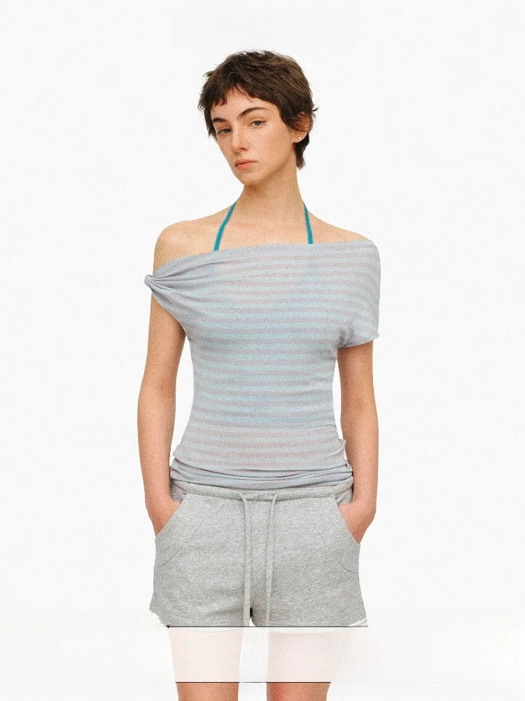 

Age of Ascent Women's Short Sleeve T-Shirt Lenzing Linen Misty Blue Grey Stripe Twist Shoulder Asymmetrical Hem Spring Fashion