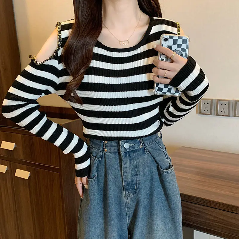 

Off Shoulder Contrast Striped Casual T Shirt Tops Spring Autumn New Long Sleeve Fashion Pullovers Korean Trend Women Clothing