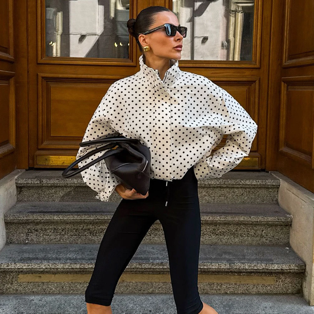 

Talenza Women Fashion Jacket Coat Vintage Polka Dot Print Long Sleeve Jacket Casual Streetwear Autumn Office Lady Female Outwear
