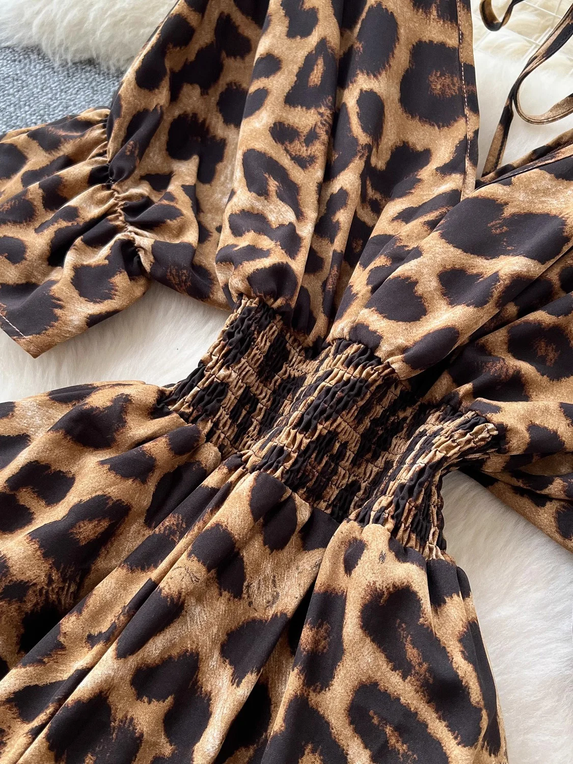 Women's Summer Leopard Print Jumpsuit Lace-Up V-Neck Bell Sleeve Wide Leg Romper Tied Waist Pants Casual Resort Outfit New