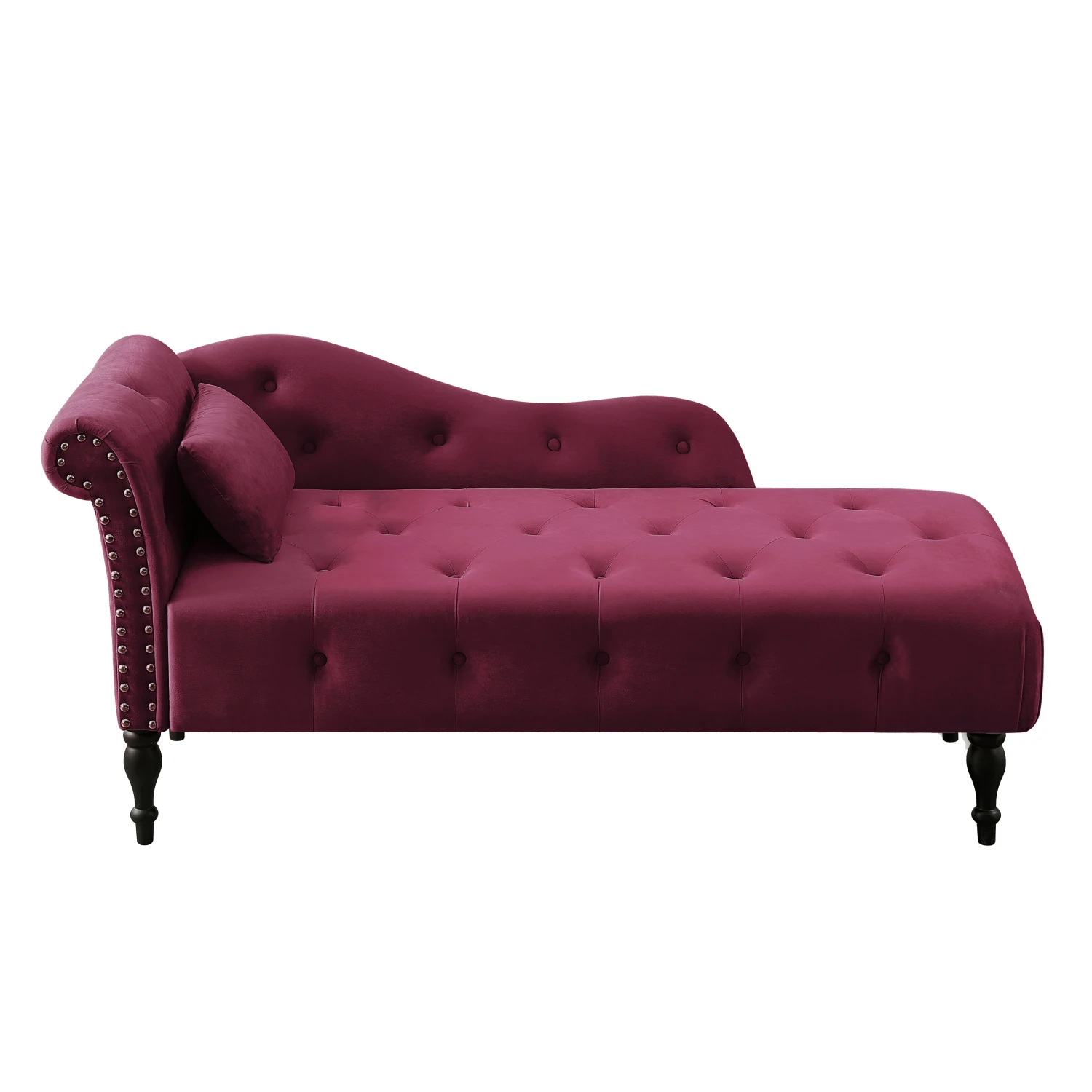 Aijia Velvet Chaise Lounge Buttons Tufted Nailhead Trimmed Solid Wood Legs Pillow Burgundy