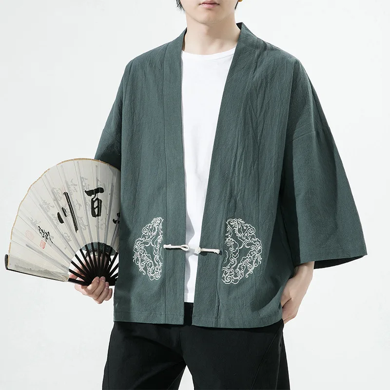 Cardigan de kimono tradicional, estilo chinês, casual, retrô, algodão, jaqueta de linho, trajes japoneses samurai, casaco Haori Yukata