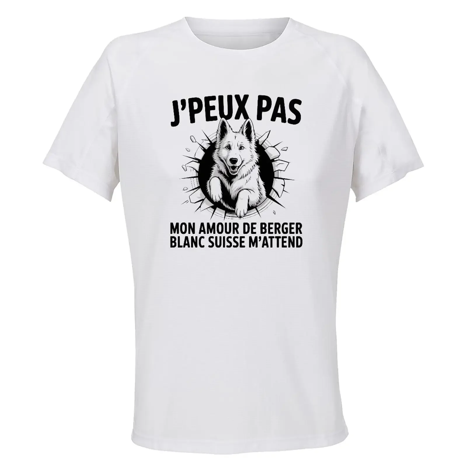 J'peux Pas White Swiss Shepherd Print Women's Sports Jersey Breathable Polyester  T Shirt Dog Lover Sporty  vintage Washed