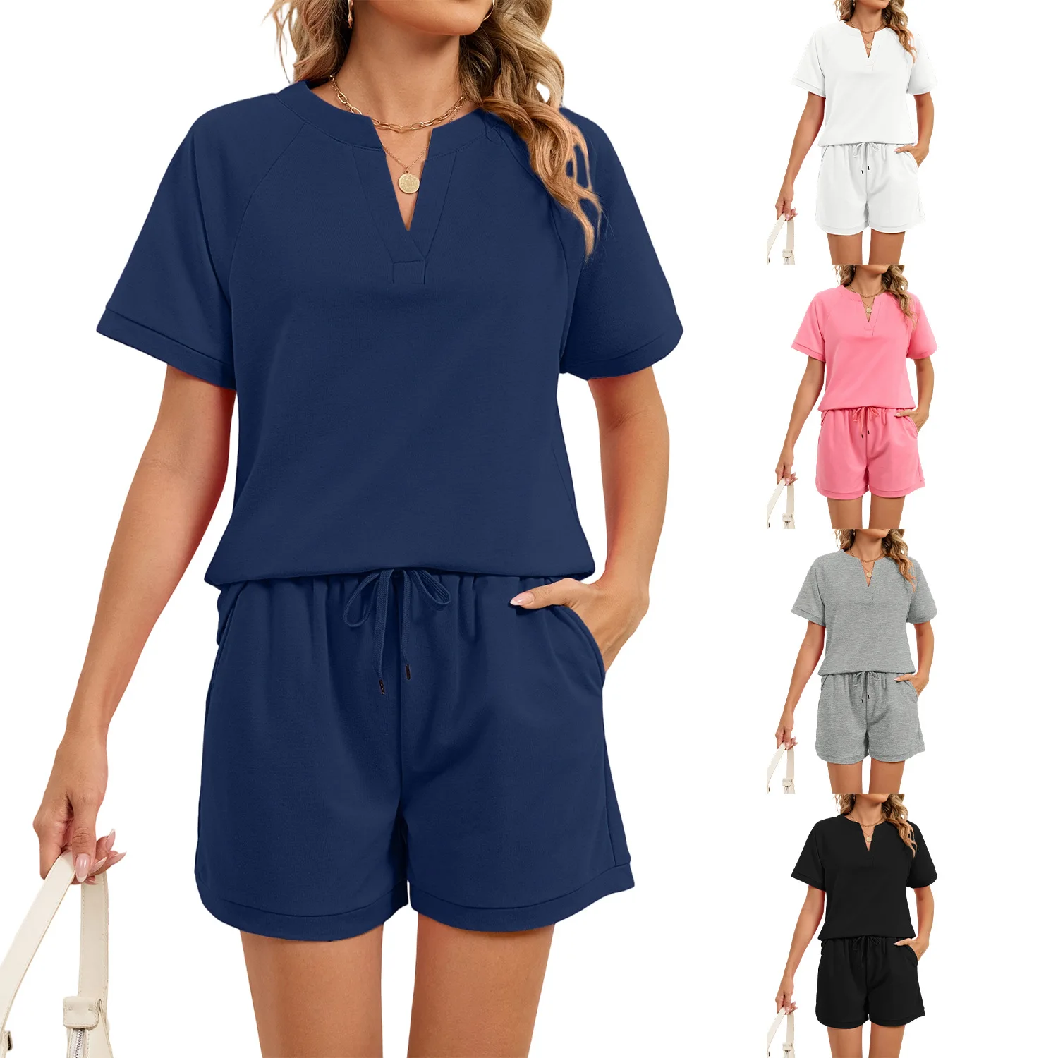 

2026 Spring/Summer New Style Short-Sleeve Set: V-neck Solid Color Short-Sleeve Top T-shirt Drawstring Shorts Two-Piece Set