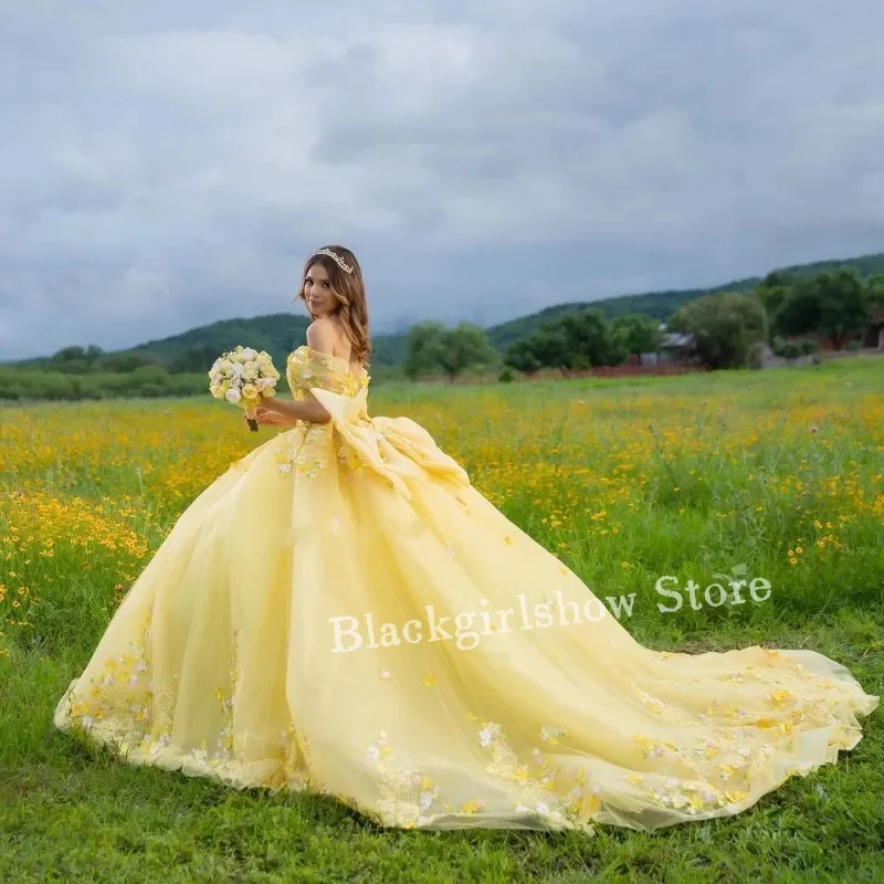 Vestido De baile amarillo De Tull, traje De quinceañera, cuentas, escote Corazón, apliques 3dfloral con lazo grande, fiesta De baile