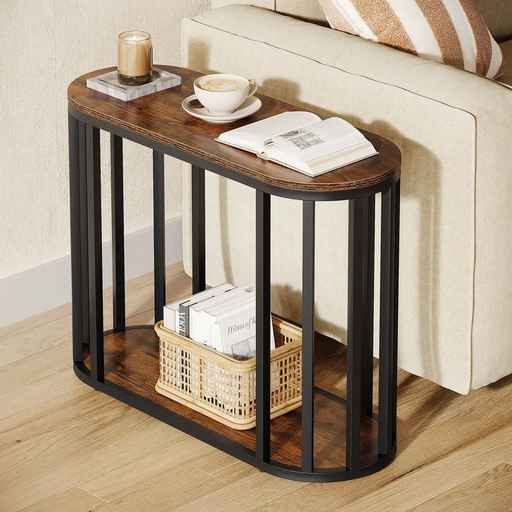 

Narrow End Table With Storage, 2Tier Industrial Side Table With Black Metal Frames, Small Nightstand Bedside Table For Living R