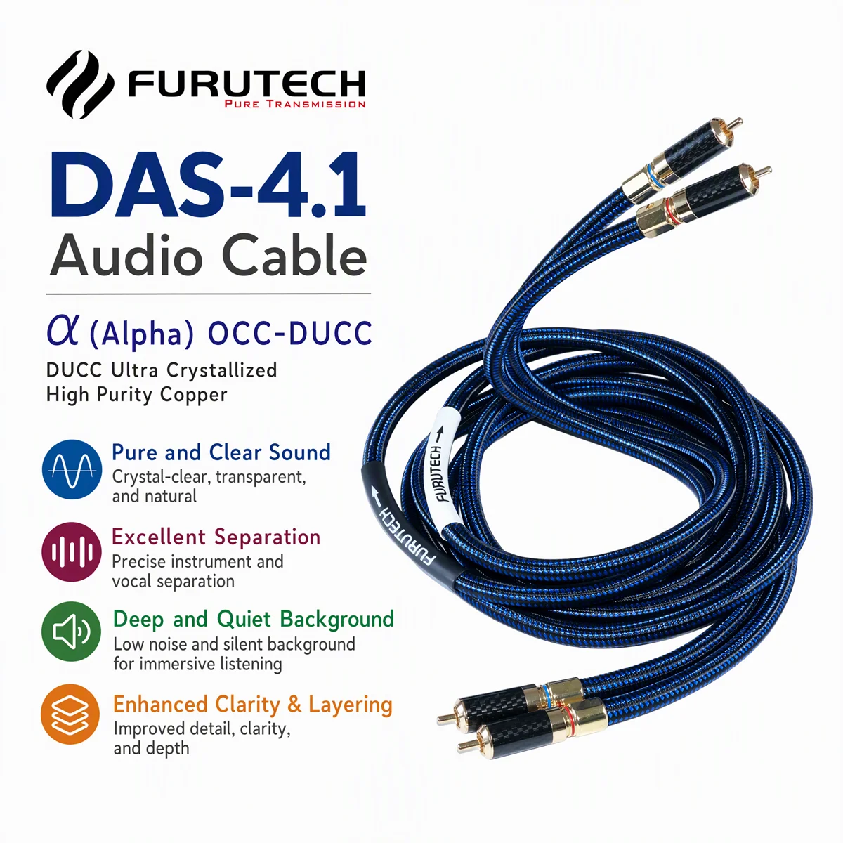 A Pair Furutech DAS-4.1 Flagship Interconnect Cable Alpha OCC-DUCC Ultra Crystallized High Purity Copper HiFi Audio Line