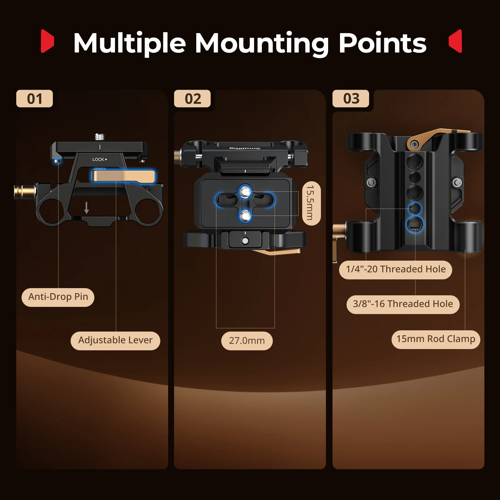 SmallRig Arca형 마운트 플레이트 키트(15mm 듀얼 로드 클램프 포함) 범용 통합 Arca-Swiss 베이스플레이트(퀵 릴리스 플레이트 5365 포함)