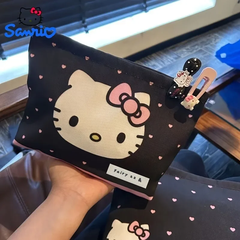 Cute Sanrio Black Pink Hello Kitty Cartoon Cosmetic Bag Anim Portable Canvas Travel Sundries Storage Bag Large Coin Purse