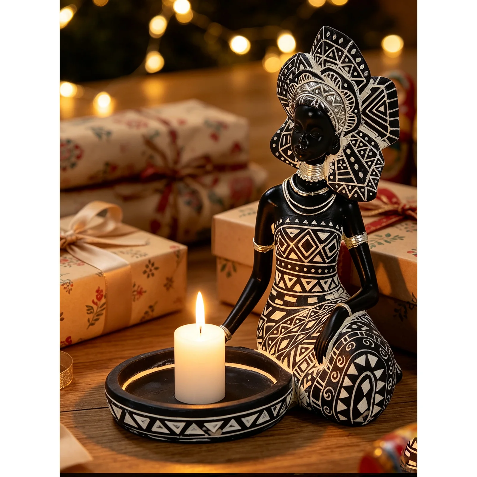 African Woman Figurine Candle Holder, Jewelry Key Tray Retro Ethnic Desktop Home Decor Gift