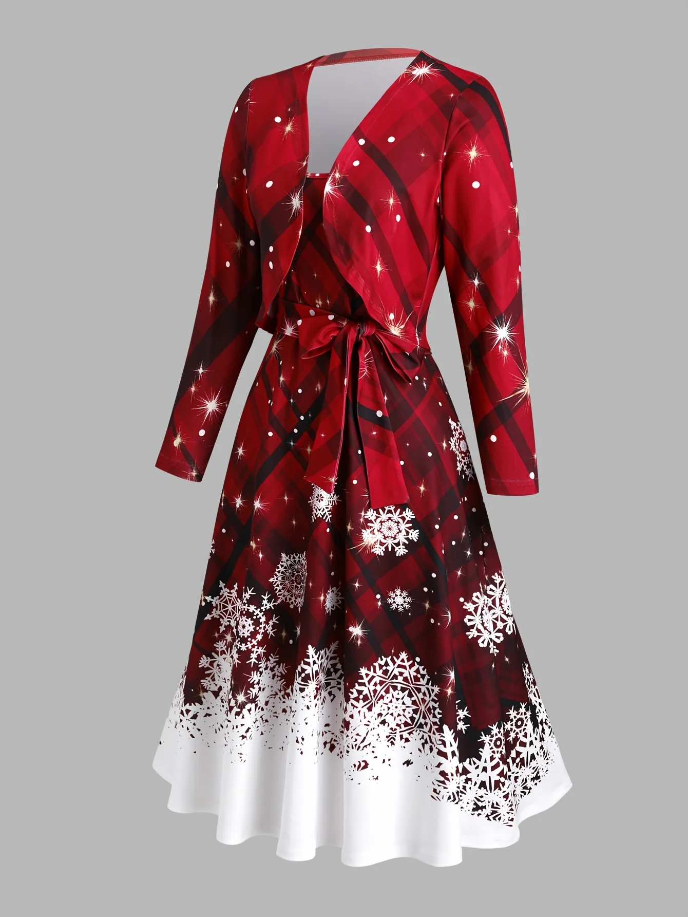 ชุดเซ็ตสองชิ้น เสื้อคลุมแขนยาวพิมพ์ลายคริสต์มาสสำหรับผู้หญิง พร้อมเดรสสายเดี่ยวลำลอง