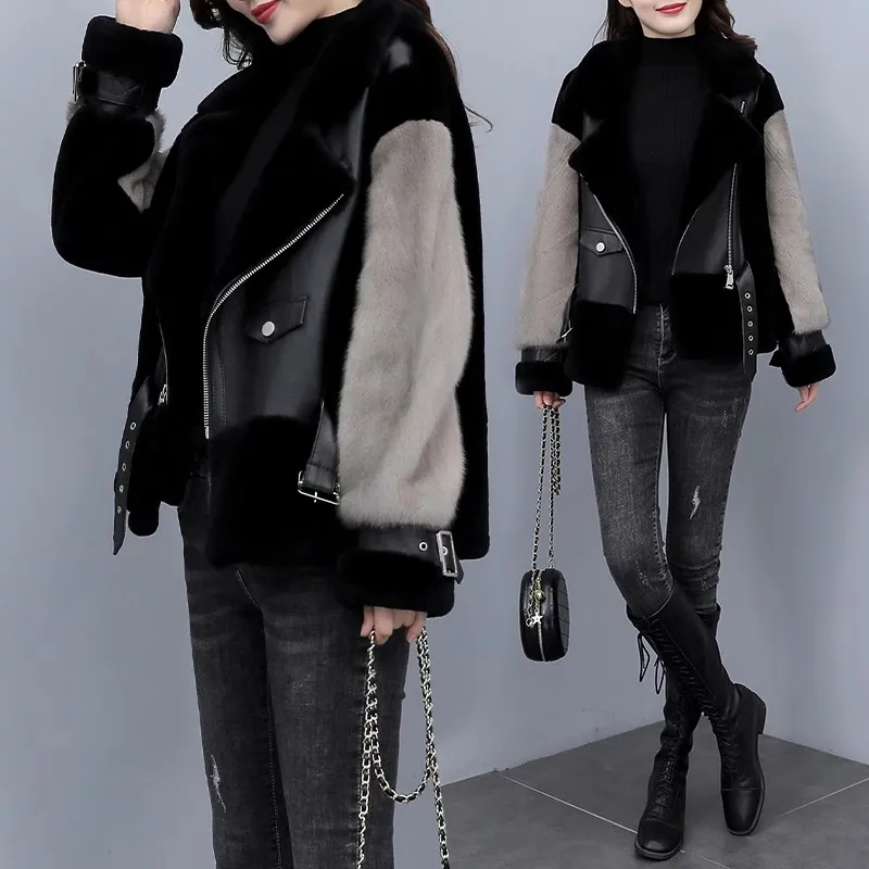 2024 New Women's Winter Korean Edition Faux Fur Fur Coat Women Short PU Leather Spliced Fur Coats Female Warm Zipper Outwear Top