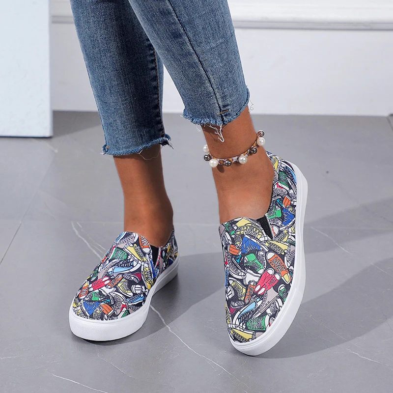 2022 Women\'s Vulcanize Shoes Trendy Graffiti Canvas Shoes Women Fashion Sneakers Flat Shoes Street Dance Shoes of Women Slip-on