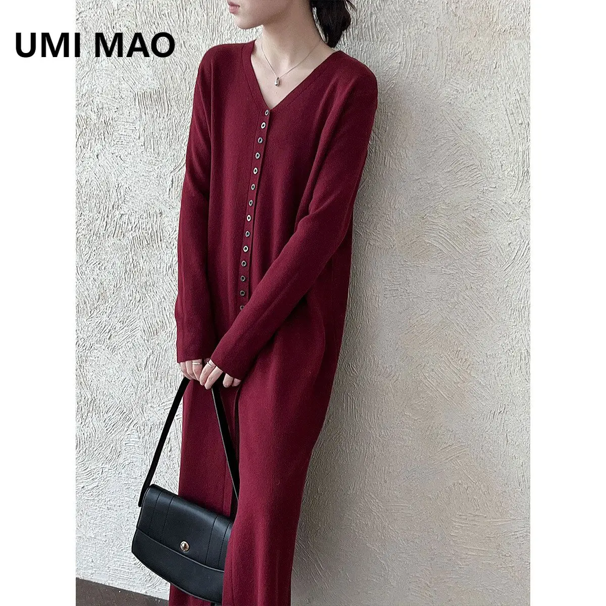 UMI MAO Retro Elegante Einfarbig V-ausschnitt Langreiher Strickjacke frauen Herbst Neue Kollektion Einfache Lange Mantel