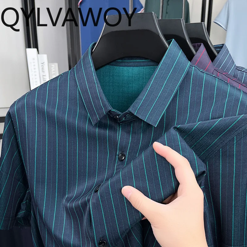QYLVAWOY 2025 New Men's Shirts Lapel Stripe Shirts Thin Shirts for Man Summer Tops Short Sleeve Camisas Masculina Shirt Daily