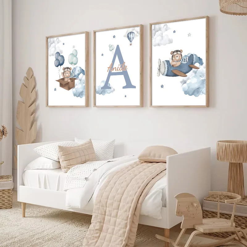 Customized Teddy Bear Nursery Wall Art Personalized Name Poster and Canvas Painting Cartoon Print Picture for Baby Bedroom Decor