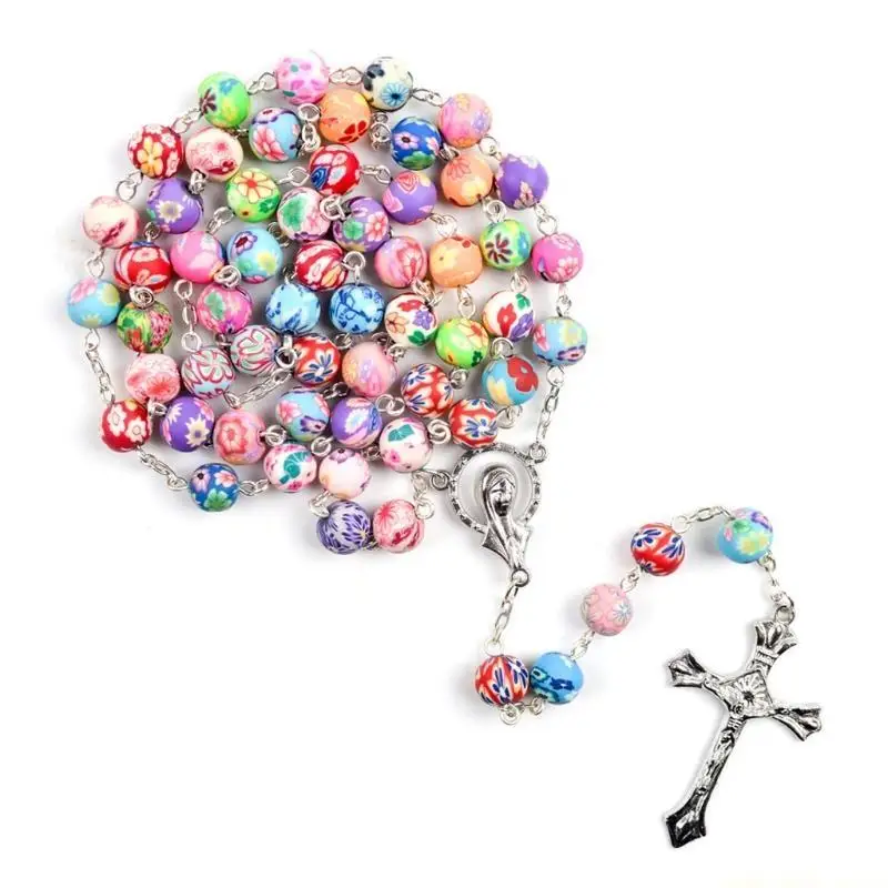 QX2E Religious Rosary Necklace for Cross Crucifix Pendant Chain Jewelry for Sweater C