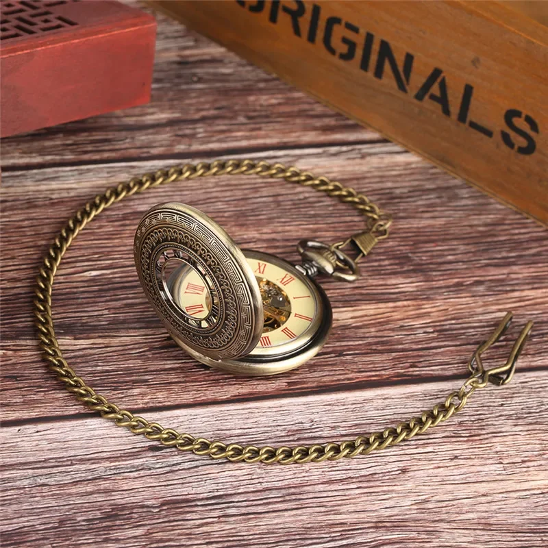 Vintage Style Unisex Hand Winding Mechanical Pocket Watch Roman Numerals Display Hollow Bronze Pendant Watches Clock FOB Chain