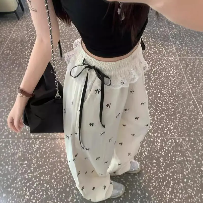 Süße Heiße Mädchen Lesben Patchwork Casual Hosen Bowknot Hosen frauen Frühling Sommer Elastische Taille Breite Bein Hosen Gerade Hosen