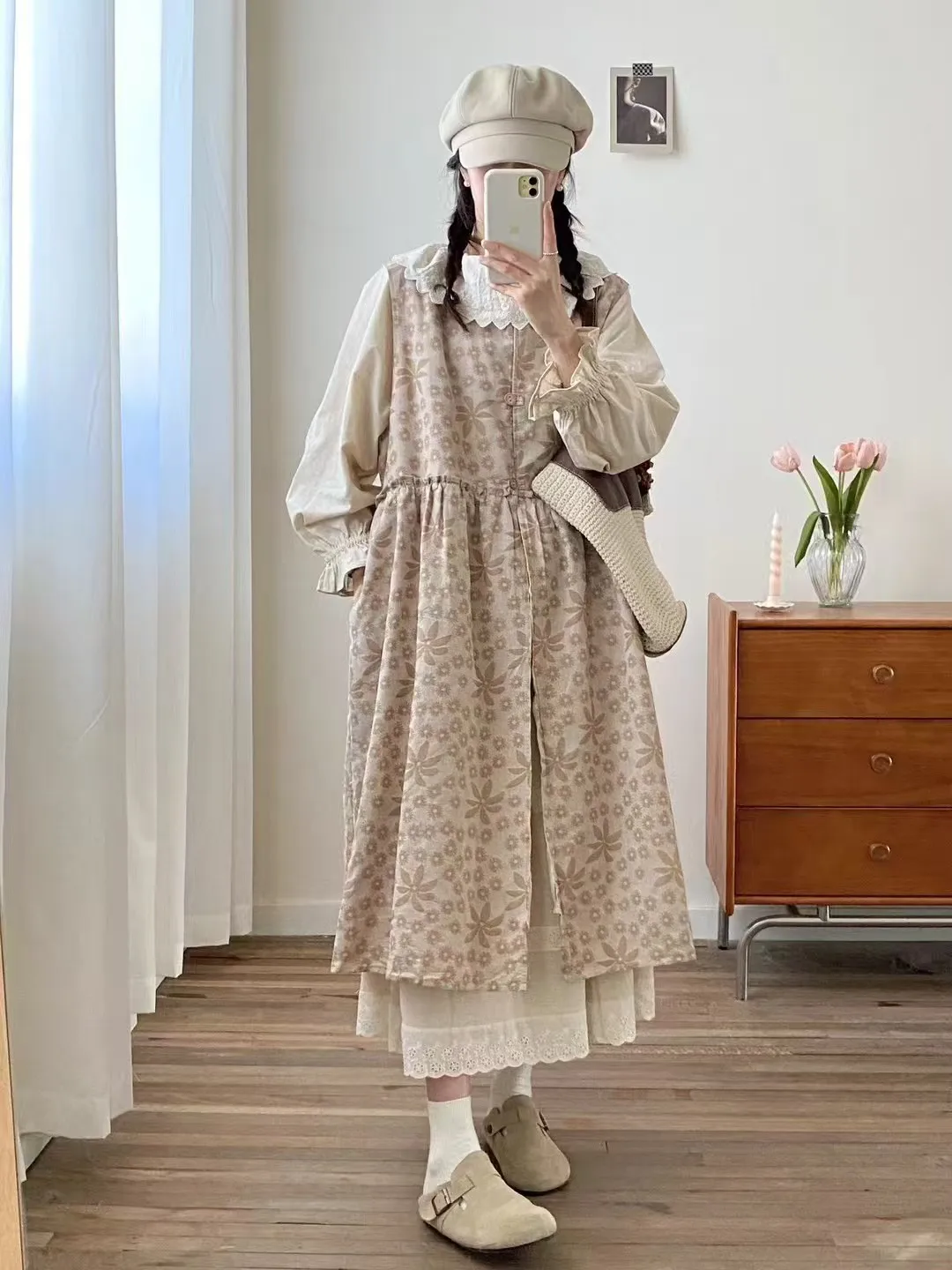 Nuevos vestidos de chaleco de algodón de invierno 2025, vestido suelto INS de estilo japonés Retro de chica Mori con botones estampados y cuello redondo para mujer D5N794CC