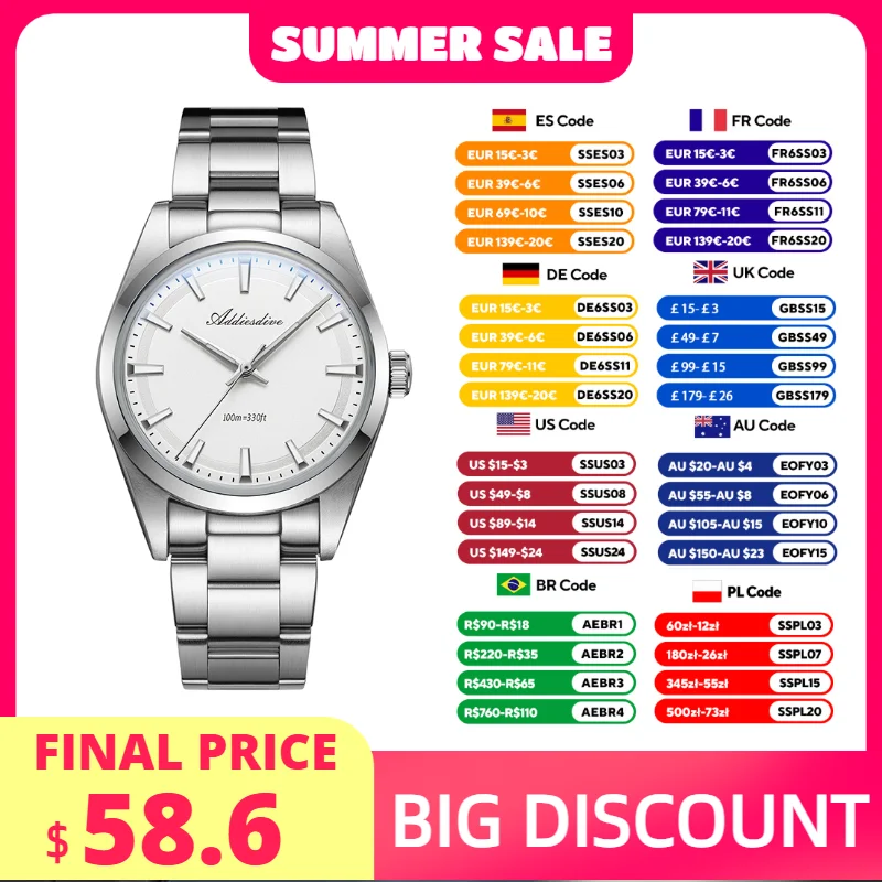 ADDIESDIVE Stainless Steel Women's Watch Japanese Quartz 36mm Watches BGW9 Luminous 100M Waterproof Outdoor Sports Watch New