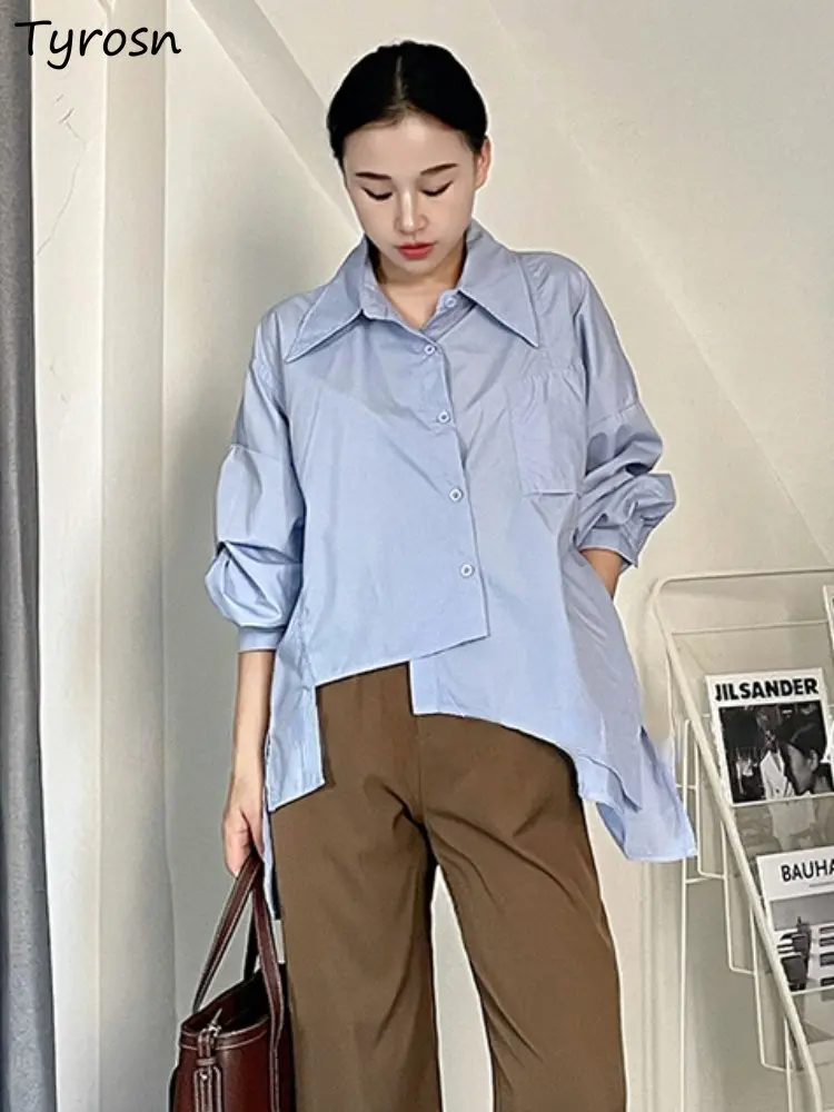 Shirts Women Asymmetrical Design Creativity Minimalist Pure All-match Loose Daily Ladies Back-slit Leisure Ulzzang Spring Chic