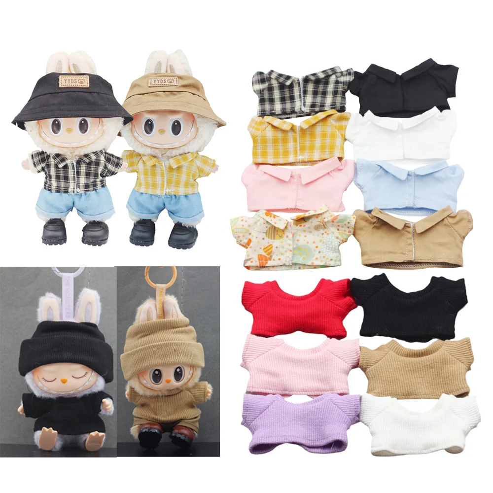 15/17cm LABUBU Gen I/II Doll Outfits: Shirt-Style Ribbed Knit Pullover & Colorful T-Shirt Set – Sitting Party Series