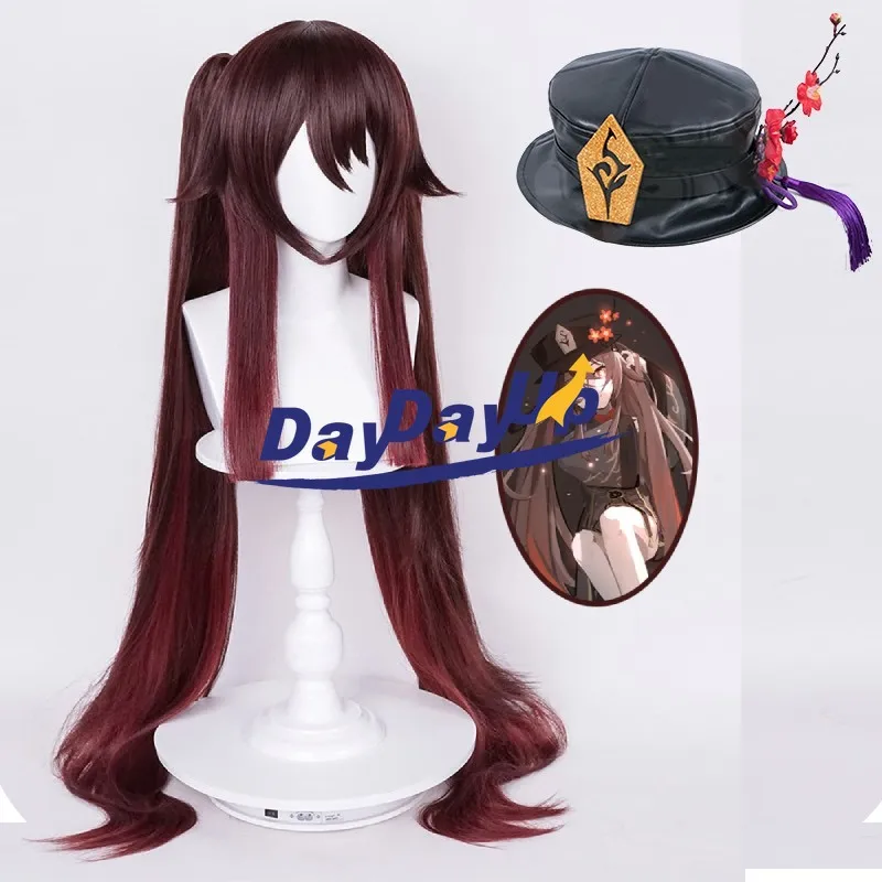 

Game Genshin Impact Hutao Cosplay Wig Hu Tao Heat Resistant Synthetic Hair Wigs Halloween Costume Hat Prop + Wig Cap