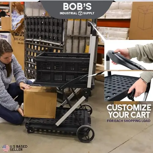 Collapsible Cart for Groceries - 2 Level Foldable Shopping Cart with Wheels - 132 Pound Max Rolling Grocery Basket