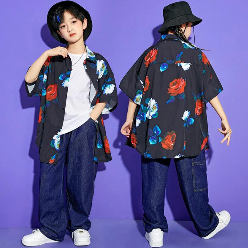 Kids Ballroom Hip Hop Show Clothing Print Shirt Tops Streetwear Baggy Denim Pants For Girl Boy Jazz Dance Wear Costume Clothes