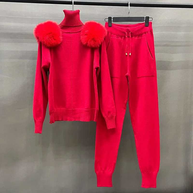 Women\'s Wool Coat Pants Set Lady Real Fox Fur Collar Sweatshirt Streetwear Knitted Spring Autumn Jogger Sweater S5988