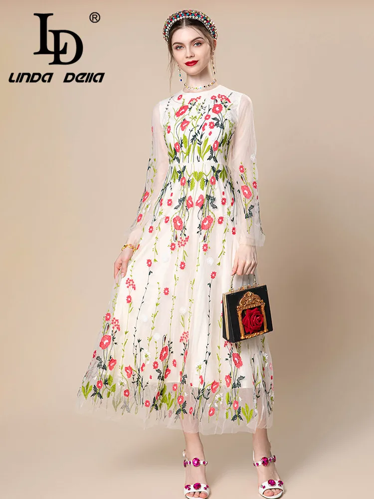 

LD LINDA DELLA Summer New Style Italian Luxury Dress Women's Round Neck Splice Netting Embroidery Slim Fit Elegant Party Dress