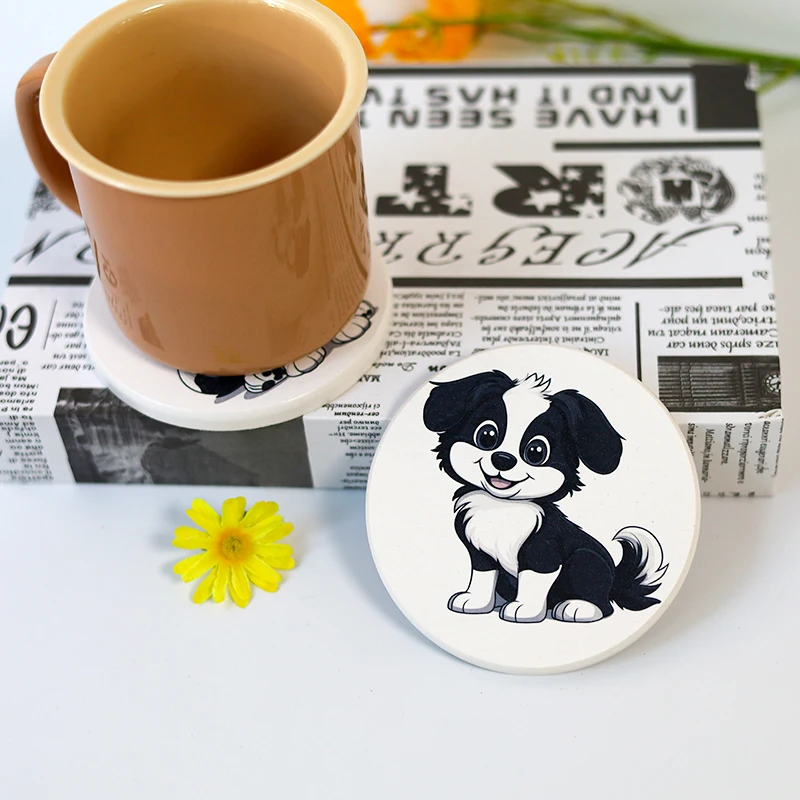 1PCS Cute Dog Ceramic Coaster Cork Non-Slip High Temperature Cup Mats Fireproof Absorbent Pad Drink Mat Kitchen Home Tableware