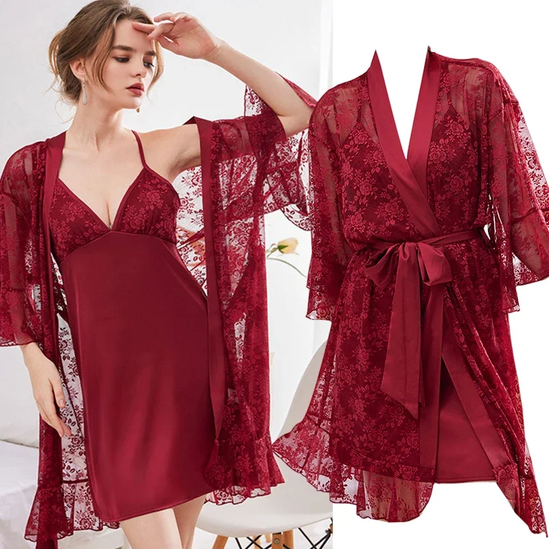 

Burgundy Twinset Robe Set Sexy Lace Floral Kimono Bathrobe Gown Mesh Nightgown Women Silk Satin Sleepwear Loungewear Lingerie
