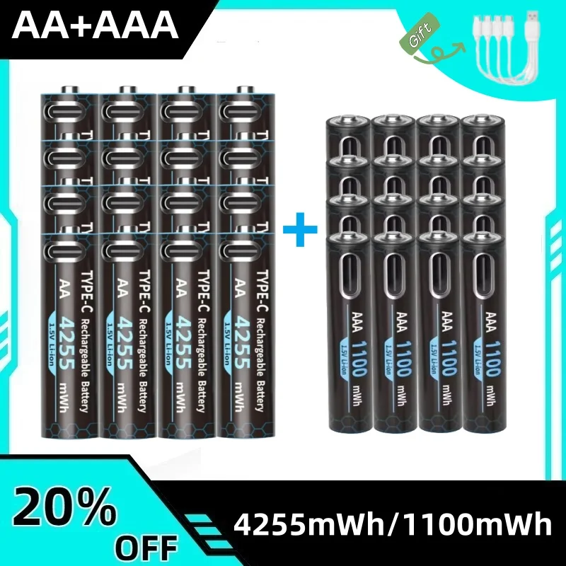

1.5V AA+AAA rechargeable battery 4255mWh/1100mWh Type-C USB lithium battery for remote control toy battery with charging cable