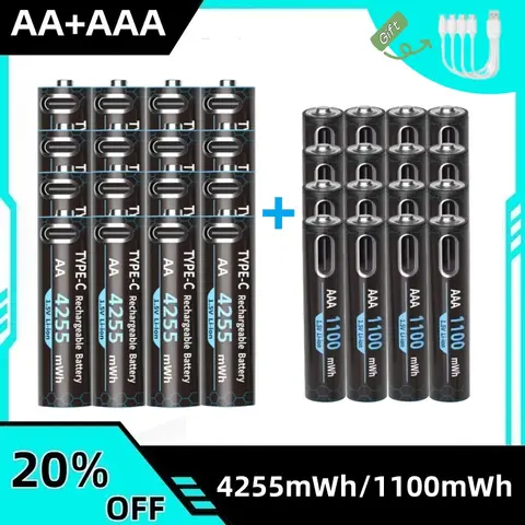 1.5V AA+AAA 충전식 배터리 4255mWh/1100mWh 타입-C USB 리튬 배터리 리모컨 장난감 배터리 충전 케이블 포함