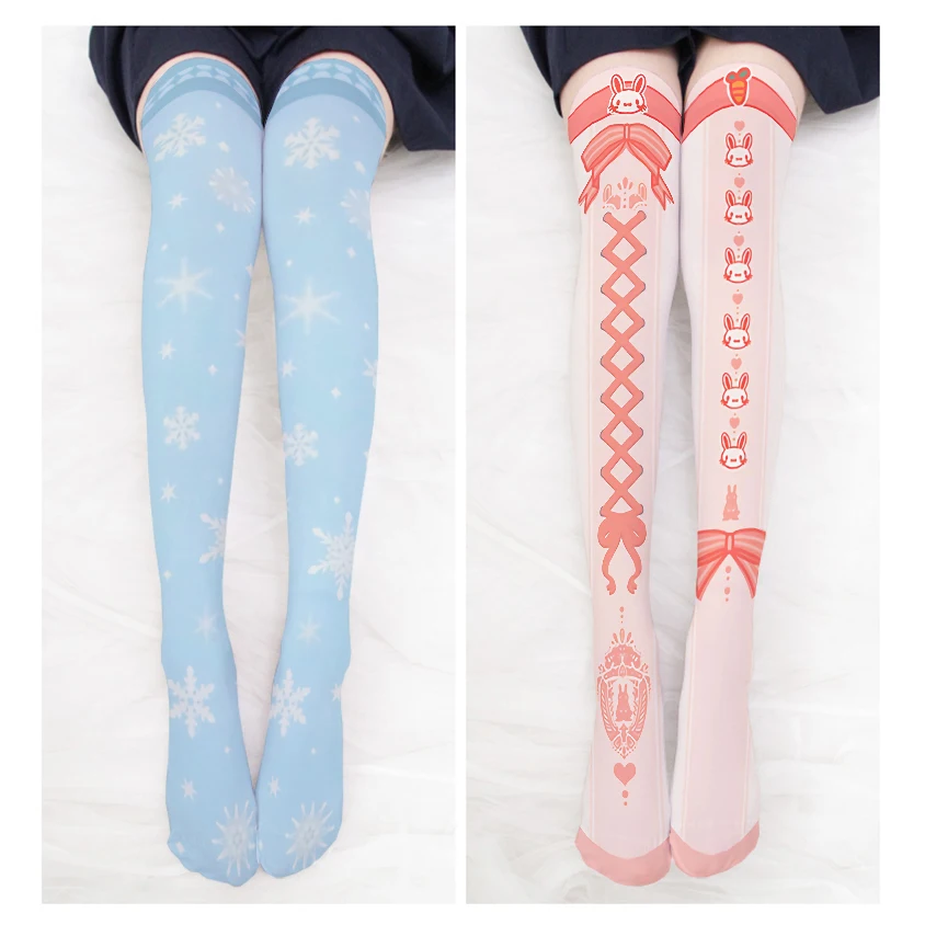 3D Printing Women Over the Knee Stockings Spring Summer Thin Lolita Sexy Sweet Bow Rabbit Cute Cosplay Thigh Stockings Pink