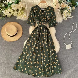 New Summer Korean Ins V Neck Short Sleeve Bohemian Dress High Wasit Hip Print A Line Vestido Summer Holiday Beach Long Ropa