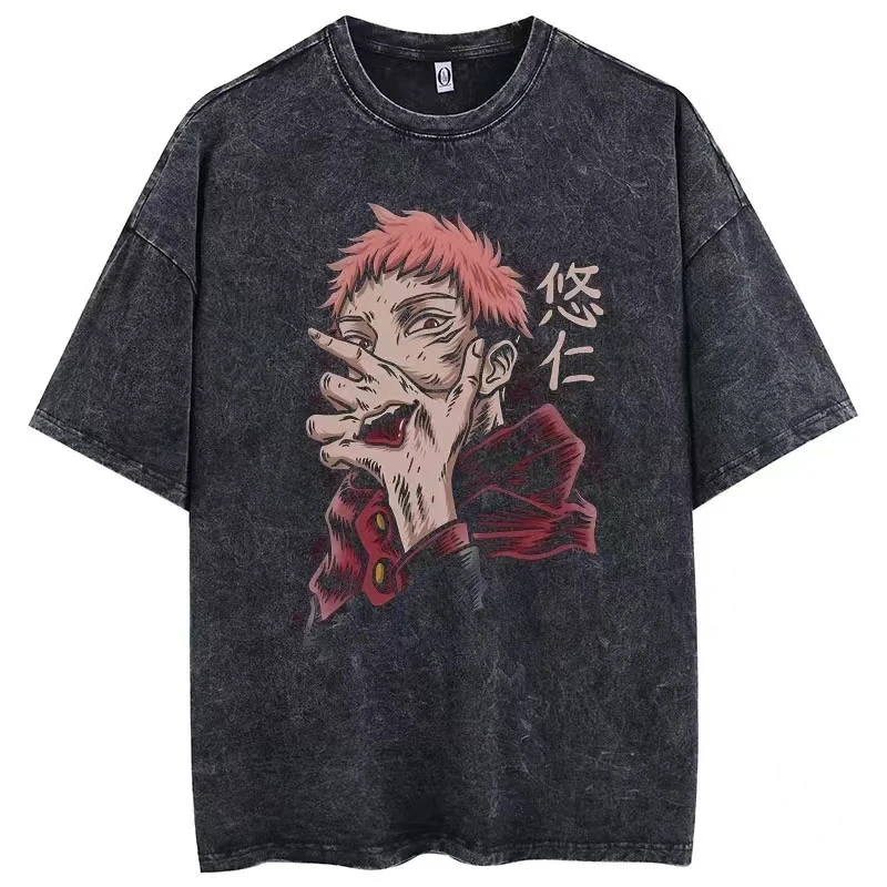 Anime 2024 Print Vintage Washed Tshirt Summer PLUS SIZE Men Streetwear Cotton Unisex Oversized Tops Tees Short Sleeve T Shirt