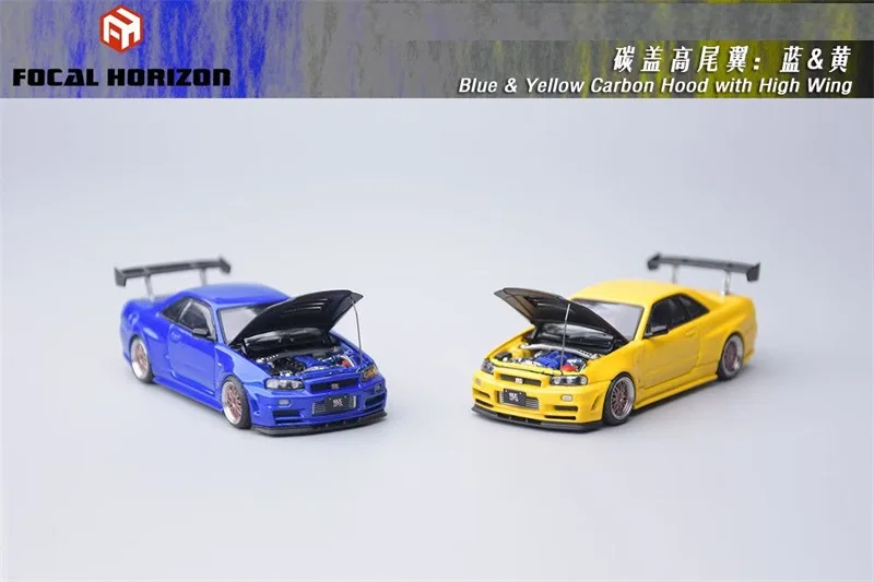 

[PreSale] Focal Horizon FH 1:64 Skyline R34 Z-Tune with High Wing Carbon-Hood Bayside Blue / Yellow Diecast Model Car