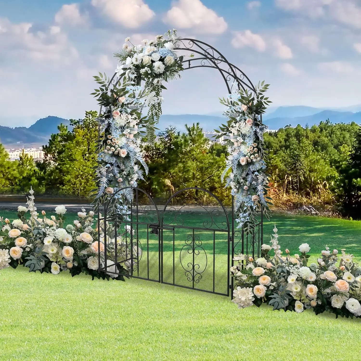 84in High Metal Garden Arbor with Gate, Heavy Duty Wide Garden Arch, Metal Arch Trellis with Gate for Climbing Plant, Wedding,