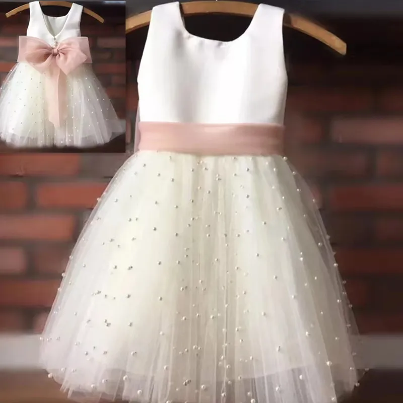 Kids Pearls Tulle Pageant Skirt Flower Girl Dress Chiffon Bow Sashes First Communion Clothing For Little Baby Princess Custom