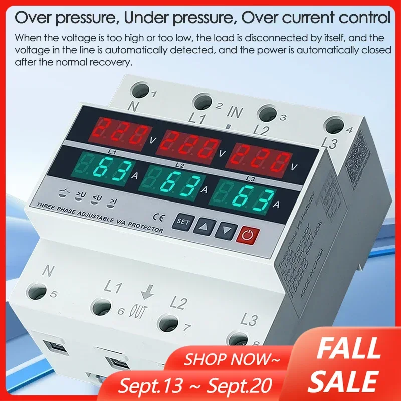 3 Phase 4 Wire 63A/100A Din Rail Adjustable Over Under Voltage Current Limit Protection Relay Protector Voltmeter Ammeter