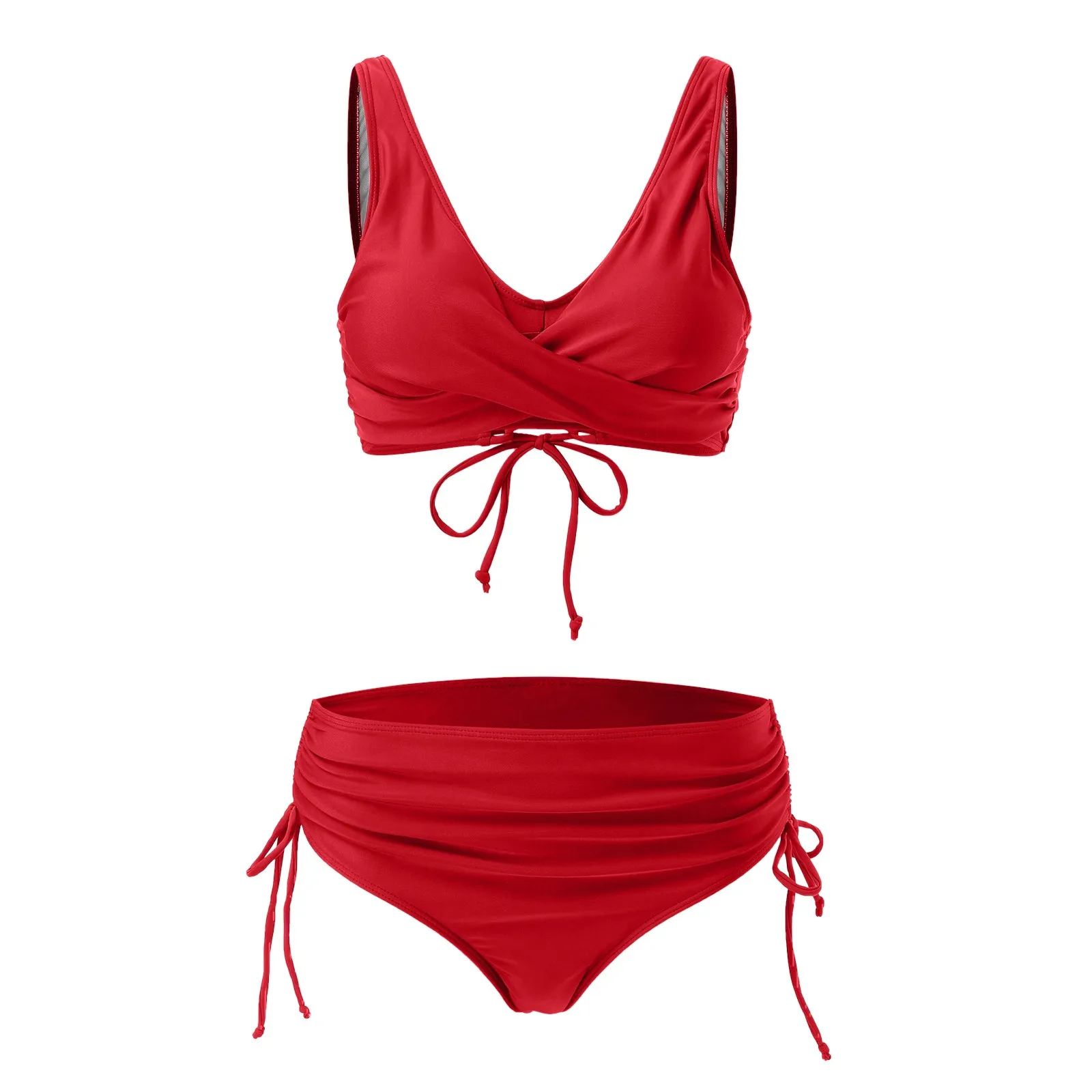 2023 Woman New Split Wrap Lace Up Hollow Out Bikini Solid Color Sexy High Waist Quick Vacation Beachwear Swimsuit Swimwear