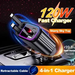 120W PD QC 3.0 4 IN 1 Car Retractable Fast Charger Phone Charing for Apple USB Type C Rotatable Cigarette Lighter Adapter