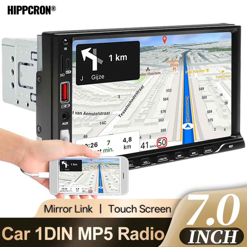 

Автомобильный мультимедийный видеоплеер Hippcron 1Din с 7-дюймовым сенсорным экраном, поддержкой BT, USB, AUX, зарядкой, камерой заднего вида и Mirrorlink