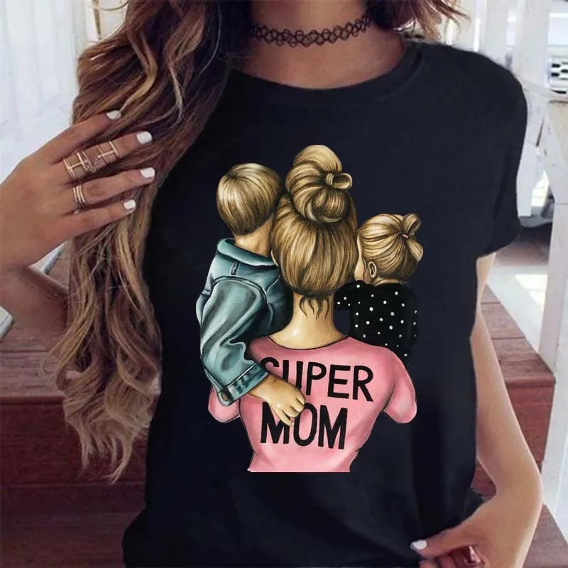 Camisetas Femininas com Estampa de Desenho Animado Mãe, Filho e Filha, Camiseta Casual para Mulheres, T-Shirt Gráfica Feminina